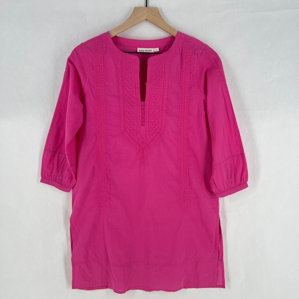 Roller Rabbit Tangier Kurta Tunic Womens XS‎ Pink Cotton Split Neck Cotton